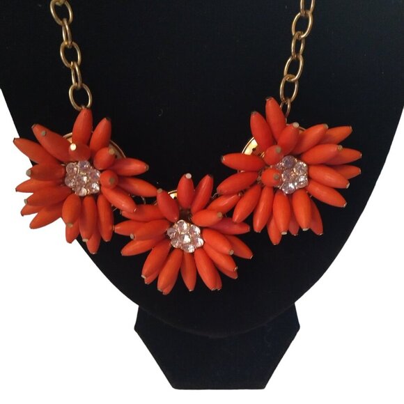 Statement 3D Orange Beaded Flower Rhinestone Gold Tone Chunky Chain Necklace J33 - Picture 4 of 5
